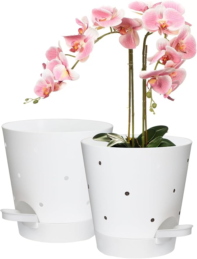Orchid Pots with Holes, 6 Inch Self Watering Orchid Pot 2 Pack Plastic Plant Pots for Orchid, Flower (White) Vanslogreen
