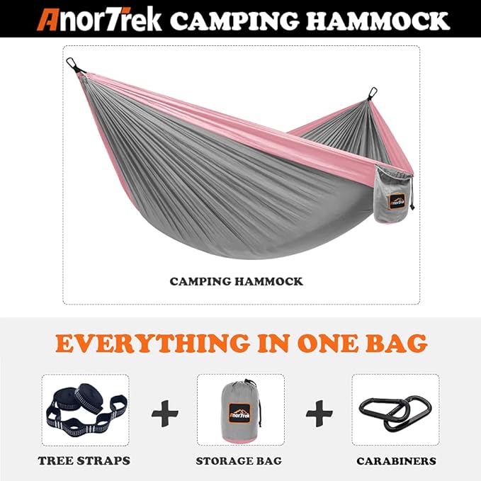 Camping Hammock, Super Lightweight Portable Parachute Hammock with Two Tree Straps Single or Double Nylon Travel Tree Hammocks for Camping Backpacking Hiking AnorTrek