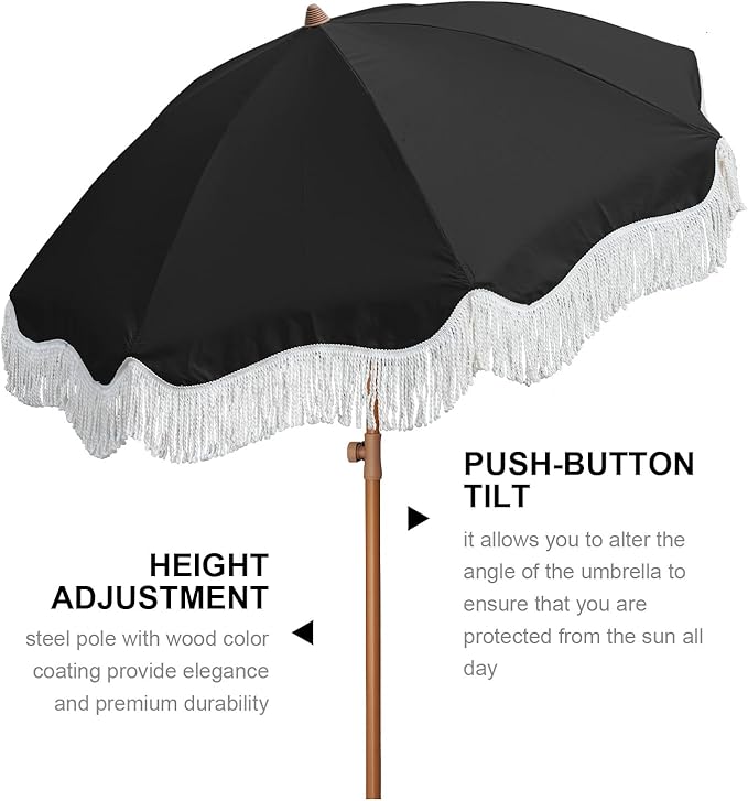 AMMSUN Boho Fringe Umbrella Outdoor Patio, 6.5ft UPF50+ Picnic Umbrella with Tassels with Steel Pole and Push Button Tilt, Noble Black AMMSUN