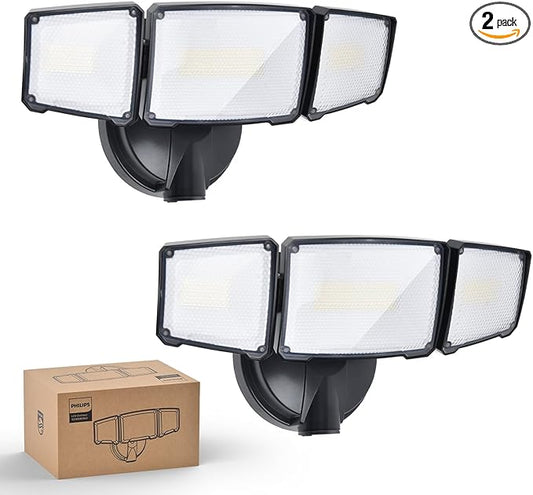 Philips 72W 7400LM LED Flood Lights Outdoor, Switch Controlled Aluminum Security Lights, 3 Adjustable Heads, Wall Mount, 5000K Daylight, Waterproof for Yard, Garage (2 Packs) PhilipsLightingLED