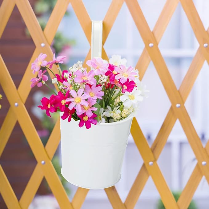 KINGLAKE Flower Pots,10 Pcs Metal Iron Hanging Flower Plant Pots Balcony Garden Plant Planter Baskets Fence Bucket Pot 4'' Flower Holders with Detachable Hook White KINGLAKE
