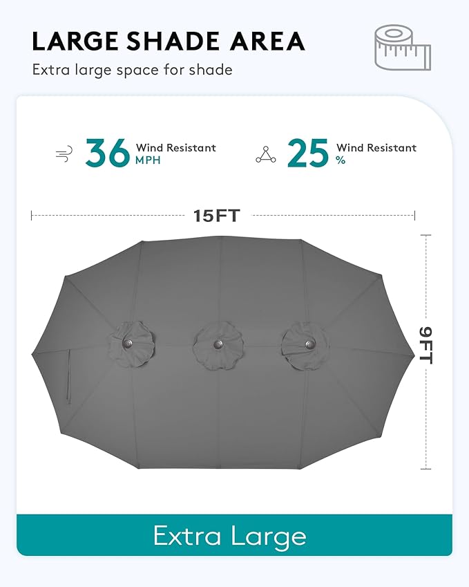 SERWALL 8-Piece Patio Dining Sets with 15FT Double Side Patio Umbrella, Outdoor HDPE Dining Furniture Set with Umbrella Hole Cut-Out Table and 6 Chairs, Gray（Umbreall Base not Included） SERWALL