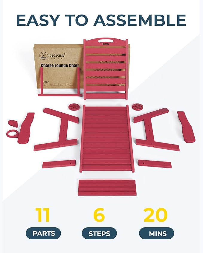 Outdoor Chaise Lounge Chair Set of 2, Patio Lounge Chairs for Outside, HDPE Lounge Chair with Wheels & Cup Holder, Poly Chair with 5 Position for Poolside, Deck, Red CIOKEA
