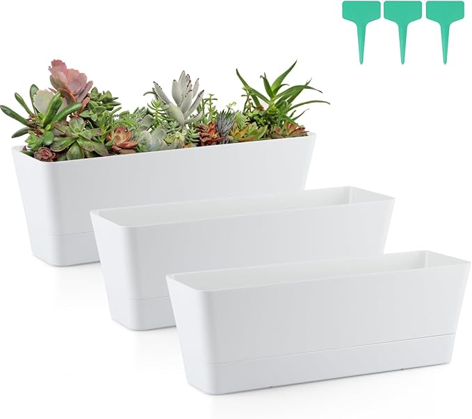 Skelang 3 Pcs Rectangular Plant Pot, 12" Flower Planter Box, Windowsill Container for Succulent, Herb, Vegetable (White) Skelang