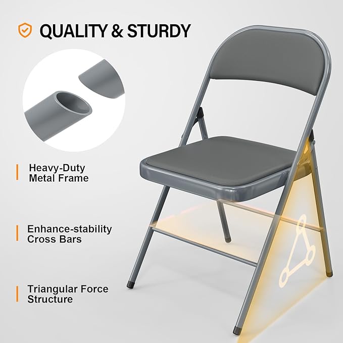 VINGLI 8 Pack Folding Chairs with Padded Seats, Metal Frame with Pu Leather Seat & Back, Capacity 350 lbs, Gray VINGLI