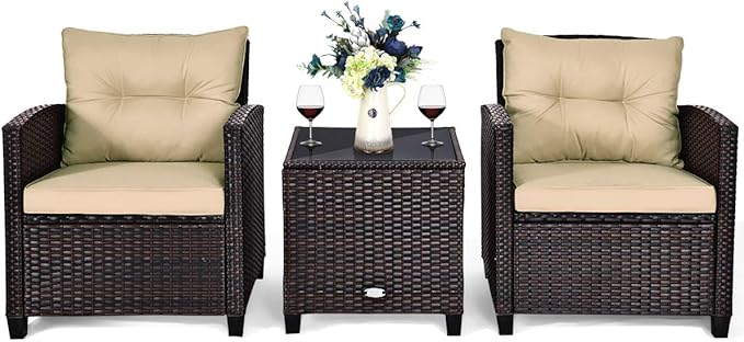 Tangkula 3 Pieces Patio Furniture Set, PE Rattan Wicker 3 Pcs Outdoor Sofa Set w/Washable Cushion and Tempered Glass Tabletop, Conversation Furniture for Garden Poolside Balcony (Beige) TANGKULA
