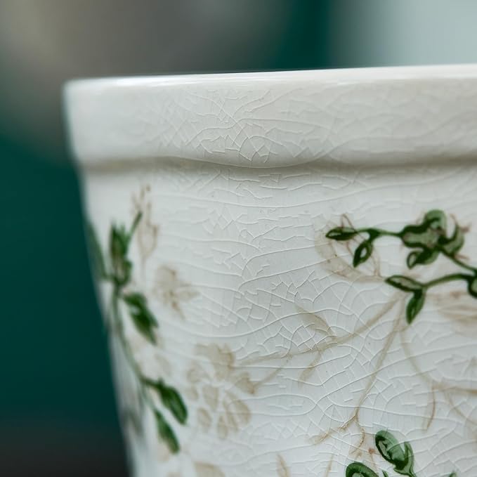 Ceramic Planter Without Drainage Hole, 6.7 Inch - Indoor/Outdoor Flower Pot for Orchids, Succulents, Green Floral Modern Farmhouse Design Plant Pot for Home,Office & Garden Décor, Ideal Gift TEWEIQI