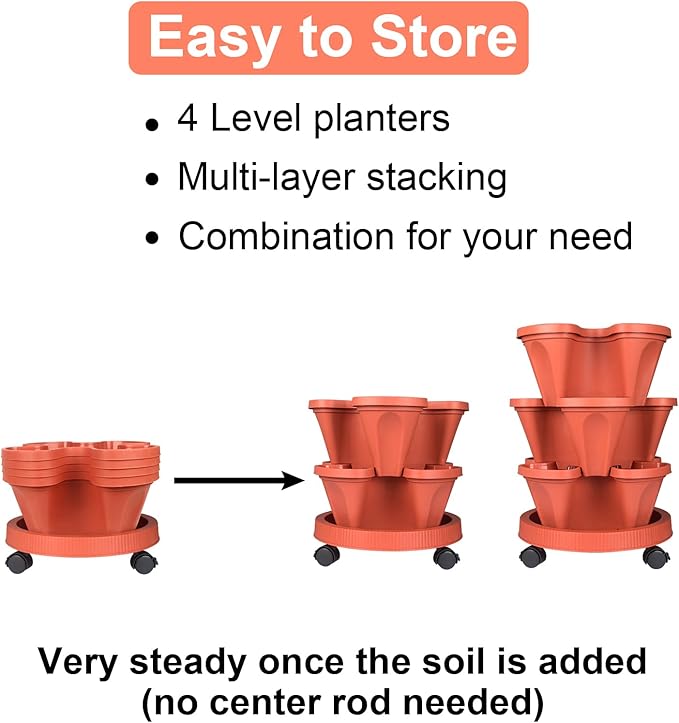 DUNCHATY Stackable Planters 4 Tier Vertical Garden Planting Tower Planters Strawberry, Herb, Flower, and Vegetable Planter Indoor Outdoor Gardening Pots with Removable Wheels and Tools DUNCHATY