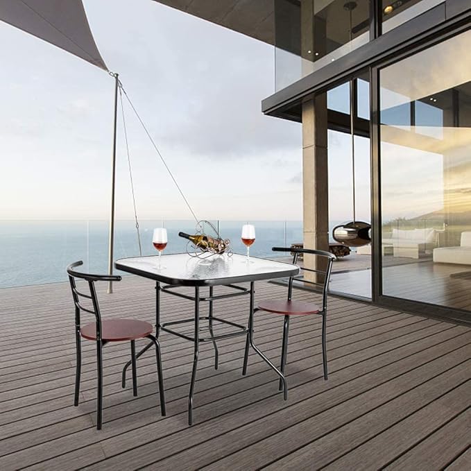 VINGLI Glass Patio Table with Umbrella Hole, 32" Square Outdoor Dining Table Steel Tempered Glass Patio Tables Outdoor Tables for Balcony Garden Deck VINGLI