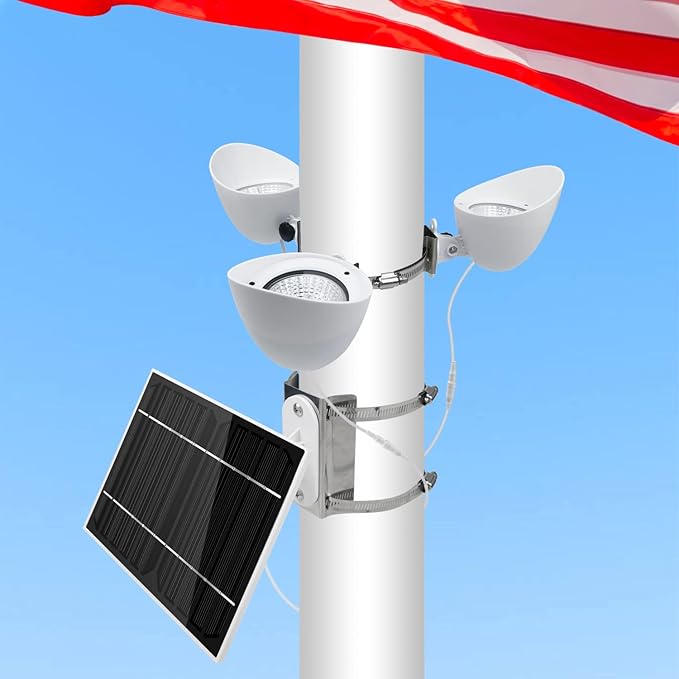 Solar Flag Pole Light, 3 Super-Spotlights LEDs, Adjustable Metal Clamps Fits 2-6''Flag Poles, IP65 Waterproof Outdoor Solar Powered Flagpole Lights, 360 Degrees of Flag Illumination, White ENRYBIA