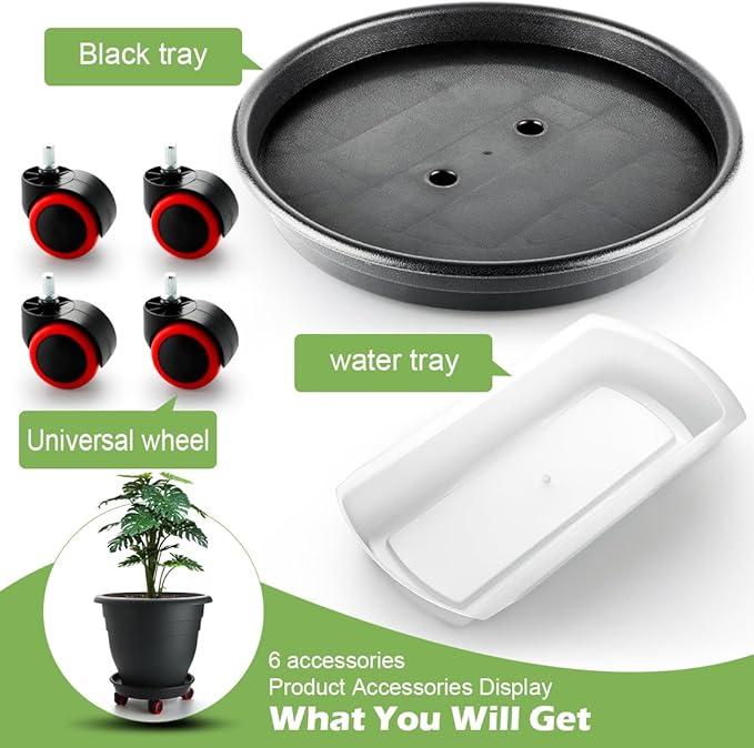3-Pack Jumbo 15.7 Inch Planters with Rolling Saucers & Drainage – Large Flower Pots for Indoor/Outdoor, Heavy-Duty Moving Trays, Fits Tall Plants (Set of 3, Black) RooTrimmer