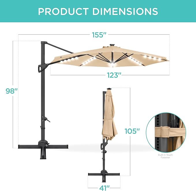 Best Choice Products 10ft Solar LED Cantilever Patio Umbrella, 360-Degree Rotation Hanging Offset Market Outdoor Sun Shade for Backyard, Deck, Poolside w/Lights, Easy Tilt, Cross Base BestChoiceProducts