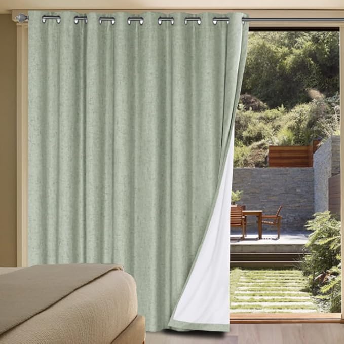 H.VERSAILTEX Linen Blackout Curtains Durable Thick Textured Linen Look 100% Blackout Patio Door Curtain Anti Rust Grommet Extra Wide Sliding Door Curtain Panel, W100 x L96 inch - Sage HVERSAILTEX