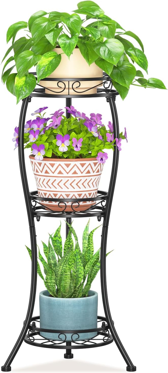 LASZOLA Black 3 Tier Tall Plant Stand for Indoor Outdoor, Large Multiple Level Flower Planter Holder Organizer Rack for Patio Office Bathroom Corner Floor, Sturdy Heavy Duty Metal, Vertical Display LASZOLA
