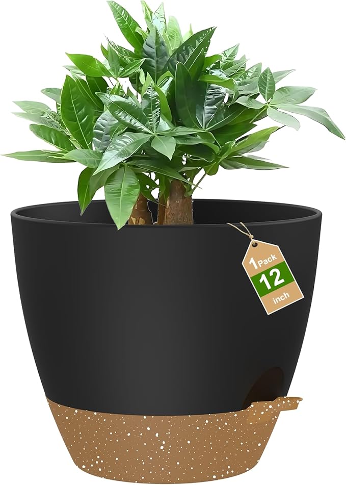 12 Inch Large Self Watering Pots, Flower Pots with Multi-Mesh Drainage Holes and Saucer, Planters for Indoor and Outdoor Garden Plants (Black with Brown) Rootora