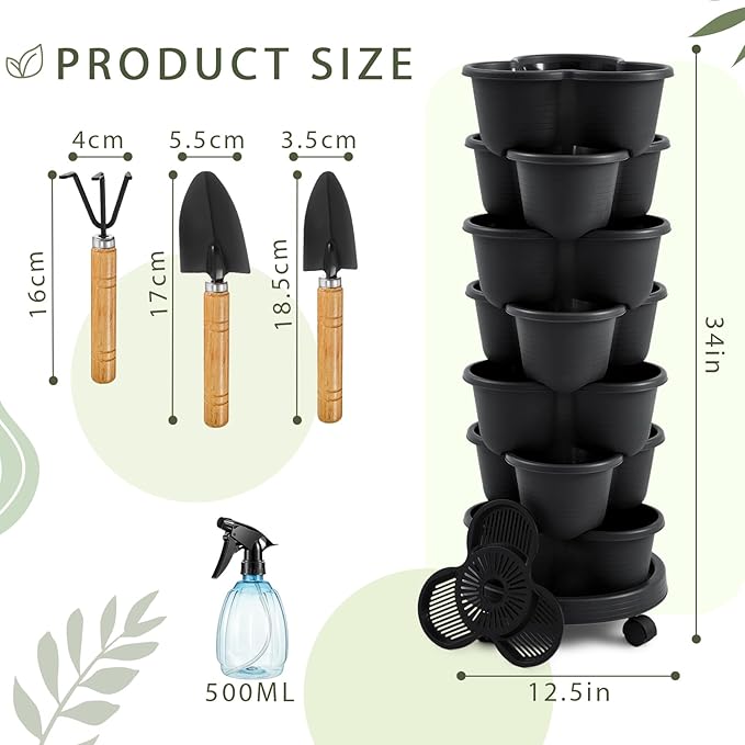 Umigy 2 Set Black 7 Tier Stackable Vertical Planters with Removable Wheels and Tools Tower Planters Strawberry Herb Flower Vegetable Pots Indoor Outdoor Gardening Pots Umigy