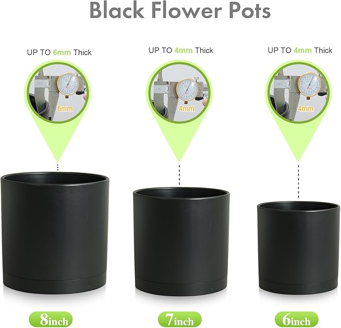 8/7/6 inch Plant Pots, 3 Set Cylinder Flower Pots for Outdoor Indoor Plants, Decorative Plastic Planters with Drainage Holes and Saucers for Garden House Plants, Black Meowell