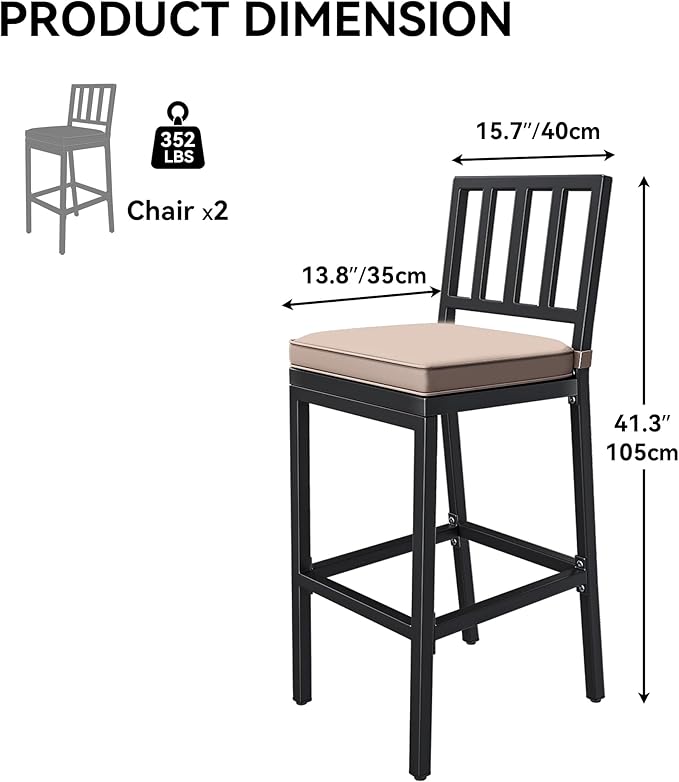YITAHOME Outdoor Bar Stools Set of 2, Cushioned Metal Outdoor Bar Stools w/Vertical Stripe Back, All-Weather Patio Bar Stools for Balcony Backyard Porch Poolside YITAHOME