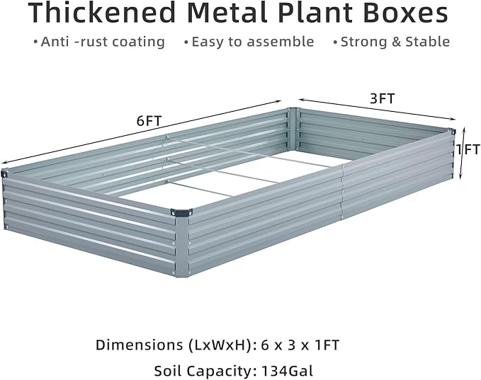 3 Pack 6x3x1FT Galvanized Raised Garden Bed Kit, Outdoor Metal Planter Box for Vegetables, Bottomless Rectangular Gardening Bed with Support Rods, Tool-Free Assembly, Gray Meberam