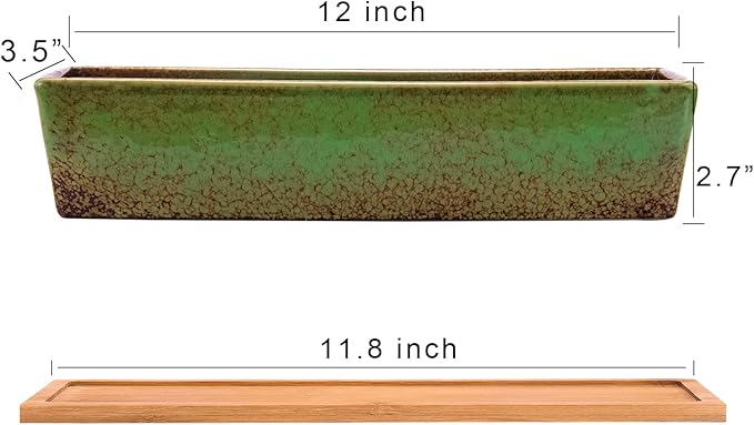 Succulent Pots - Large Succulent Planter Pots with Drainage, 12 Inch Long Rectangle Bonsai Pot with Bamboo Tray Shallow Ceramic Cactus Flower Planter Window Box for Home Garden Decor (Green) ARTKETTY