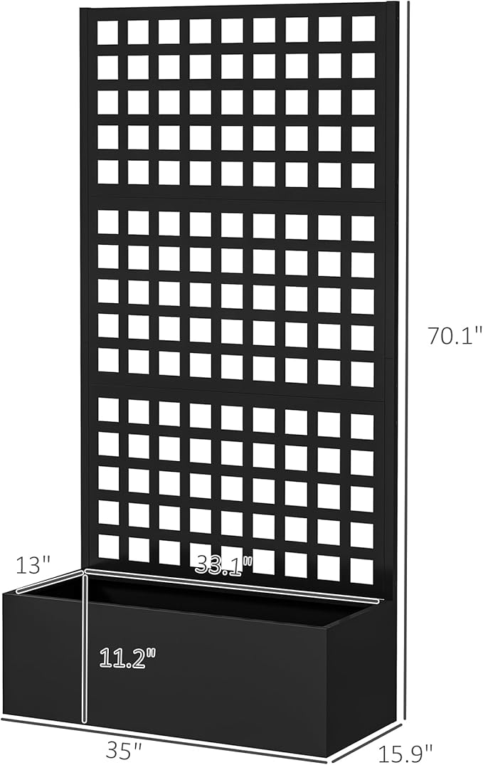 Outsunny Galvanized Raised Garden Bed with Trellis, Metal Planter Box with Drainage Holes, Outdoor Privacy Screen for Climbing Plants, Vegetable, Vines, 35" x 16" x 70", 2 Pack, Black Outsunny