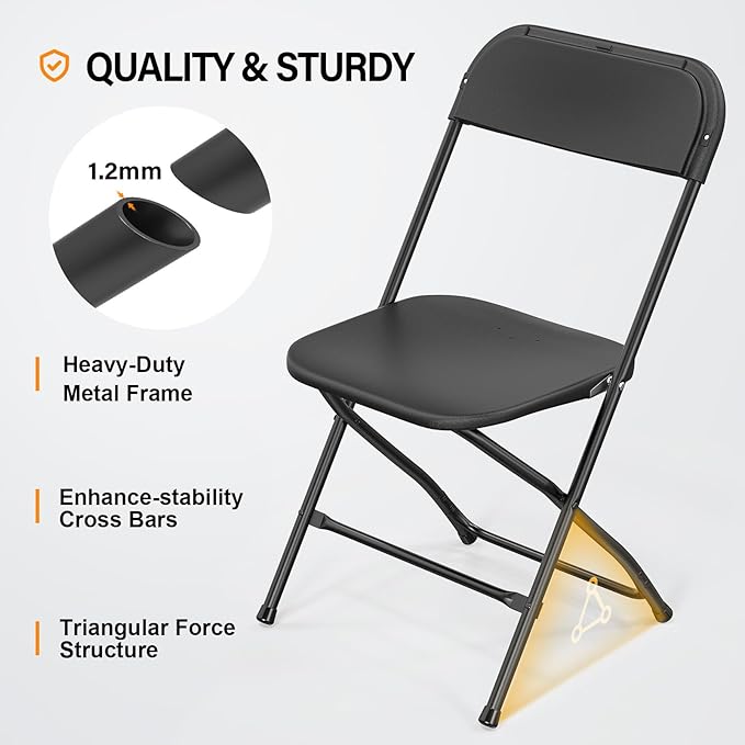 VINGLI 2 Pack Black Plastic Folding Chair, Indoor Outdoor Portable Stackable Commercial Seat with Steel Frame 350lb. Capacity for Events Office Wedding Party Picnic Kitchen Dining VINGLI