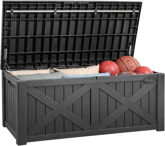 YITAHOME 150 Gallon Large Deck Box with X-Shaped Front, Resin Outdoor Storage Boxes, Waterproof Cushion Storage Bench for Patio, Pool Supplies, Garden Tools - Lockable, Dark Gray