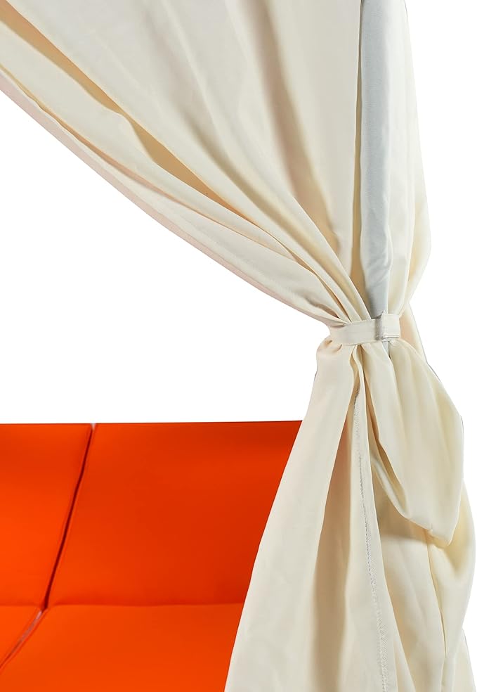 Patio Chaise Lounge, PE Rattan Outdoor Patio Wicker Sunbed Daybed with Adjustable Seats, Four-sided Canopy, Overhead Curtain and Orange Cushions for Backyard, Garden, Poolside (for 2-6 people) HarperBrightDesigns