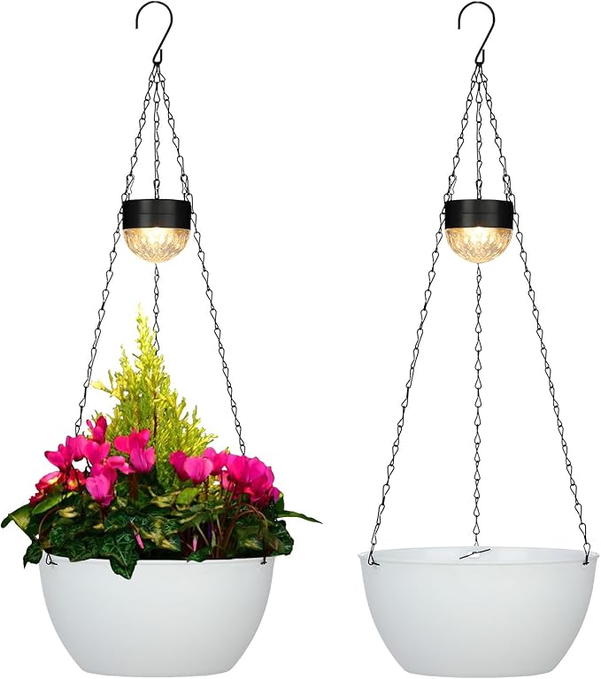 BAYN 2 Packs Solar Hanging Basket Planters for Plants Outdoor, Self Watering White Flower Plants Pots with Solar Light Drainer for Balcony Patio Garden Outdoor Decoration BAYN