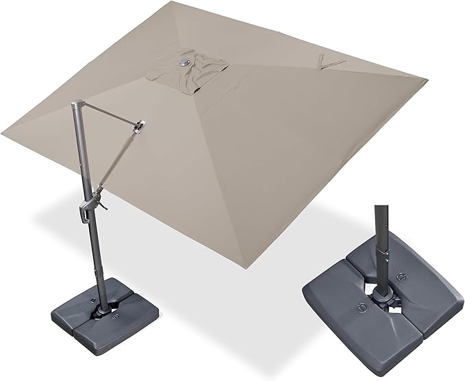 PURPLE LEAF 9' X 11.5' Rectangle Cantilever Umbrella with Base Outdoor Large Aluminum Patio Umbrella with 3-Year Fade Resistance Recycled Fabric and 360-degree Rotation for Deck Pool Garden, Ash Mocha Rootora