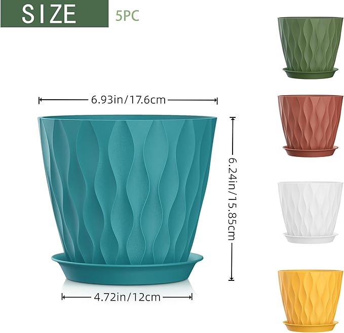7 Inch Plant Pots 5 Pack, Flower Planters with Drainage Holes and Trays,Plastic Pots for Indoor Outdoor Plants,Multicolor SQKH