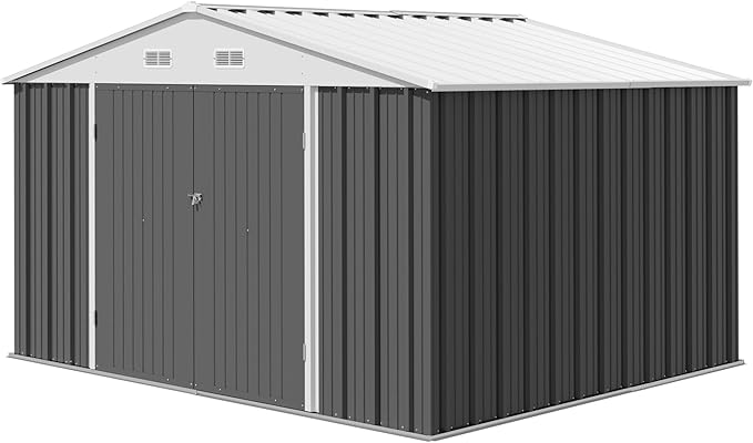 Devoko 10 x 8 FT Outdoor Storage Shed, Metal Garden Sheds & Outdoor Storage Clearance, Large Tool Shed Outdoor with Single Lockable Door for Patio Lawn Backyard (Gray) DEVOKO