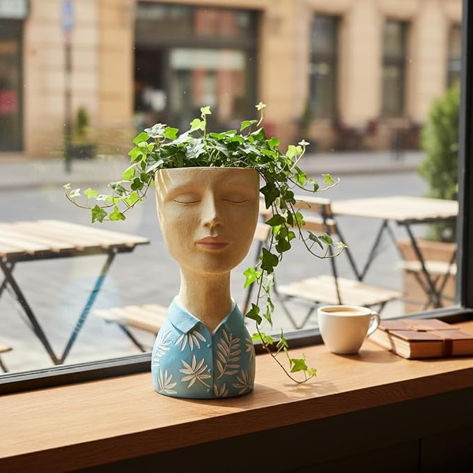 DiliComing Face Planter Pot Head Planter - Resin Blue Boy Head Planters for Indoor Outdoor Plants Decorative Flower Pot for Garden Home Office Bust Sculpture Plant Stand 5x6x10.5 Inch DiliComing