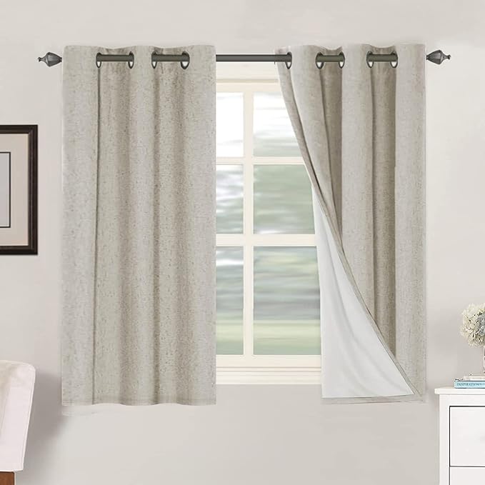 H.VERSAILTEX Primitive Linen Curtains 100% Blackout Curtain Drapes Burlap Fabric Curtains with White Thermal Insulated Liner, Grommet Top Drapes Living Room/Bedroom (2 Panels, 42 x 45 Inch, Stone) HVERSAILTEX