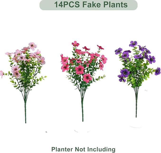 Artificial Flowers for Outdoor, UV Resistant Fake Silk Flowers, Realistic Faux Plants for Outside Indoor Porch Patio Window Box Planter Home Decor (14, Purple Rosy Pink) Welcometothetrytuny