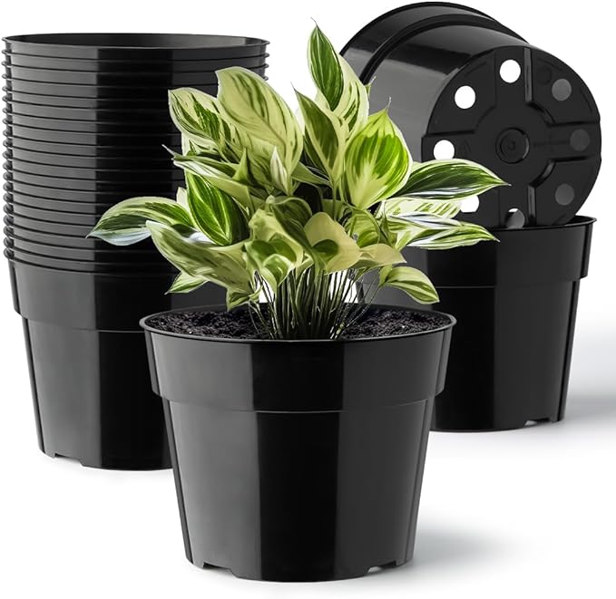 20 Pack Plant Pots, 6 Inch Plastic Plant Planter with Saucers and Mesh Mats, Durable Flower Pots with Drainage Holes Perfect for Indoor Outdoor, Black RooTrimmer