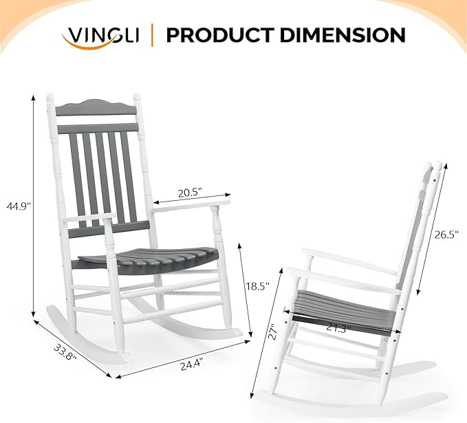 VINGLI Wooden Rocking Chair, Outdoor Chair with 450 lbs Support, Relaxing Rocker with Solid Wood High Back Seat Reclining Seat for Deck, Garden, Backyard, Porch (White & Grey, 2PCS) VINGLI