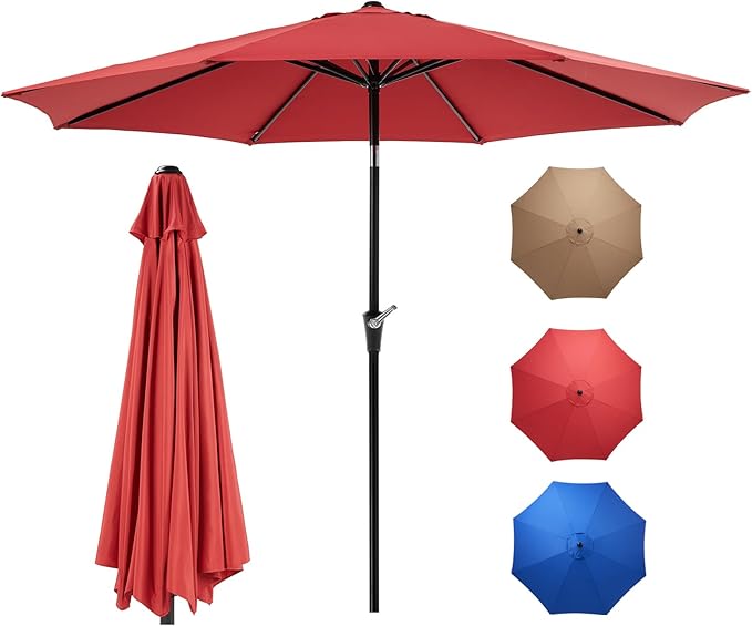 OLIXIS 9ft Patio Umbrella with Tilt and Crank Button & 8 Sturdy Ribs Waterproof, Patio Table Umbrella Perfect for Poolside, Terrace, Beach and Outdoor Restaurant, Red OLIXIS