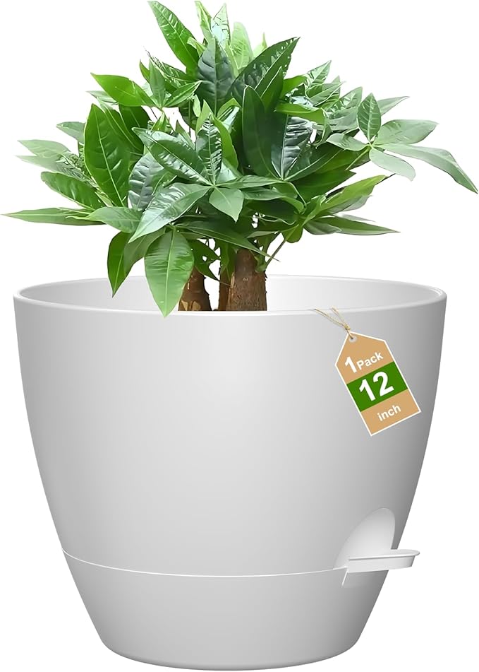 12 Inch Large Self Watering Pots, Flower Pots with Multi-Mesh Drainage Holes and Saucer, Planters for Indoor and Outdoor Garden Plants (White) Rootora