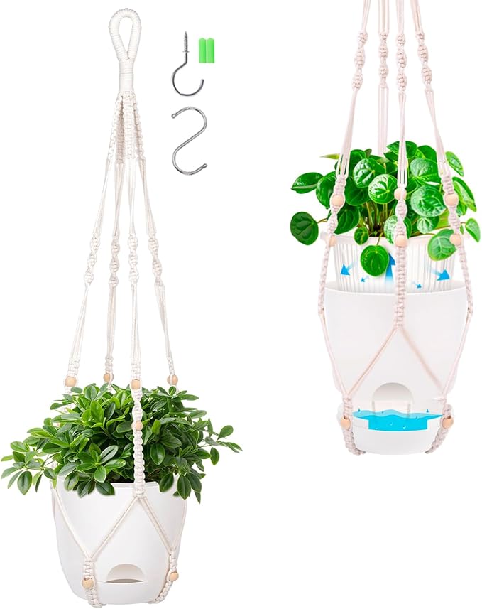 2-Pack 5.7-Inch Self-Watering Hanging Planters for Indoor & Outdoor Plants,34Inch Macrame Hanger Plant Pots Indoor with Drainage,Small Hanging Planters & Baskets,With Two Sets of Hooks（Pure white） QCQHDU