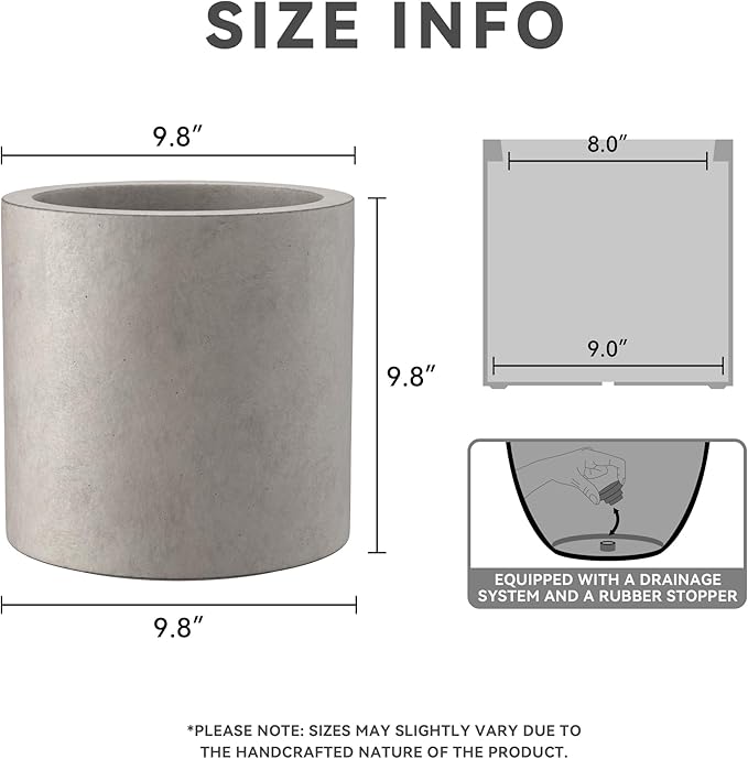 Kante 9.8" Dia Round Concrete Planter, Modern Style Large Cylindrical Plant Pot with Drainage Hole and Rubber Plug for Indoor Outdoor Patio, Weathered Concrete Kante