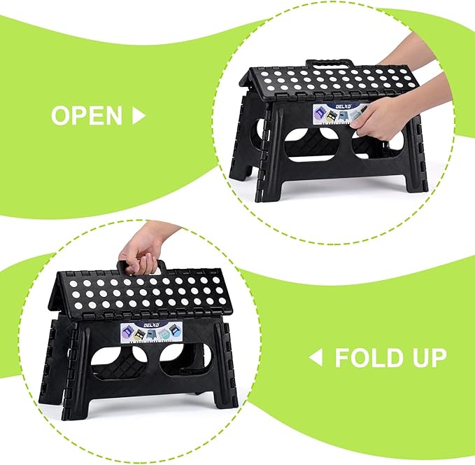 Delxo Folding Step Stool for Kids and Adults,15-Inch Extra Wide 9 Inch Height Heavy Duty Stepping Stool More Safe and Comfortable Non Slip Foldable Step Stool Black Delxo