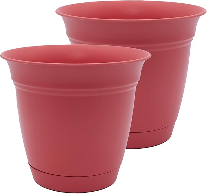 The HC Companies 10 Inch Eclipse Round Planter Pots with Drainage Holes & Attached Saucer, Lightweight UV-Resistant Plastic Indoor & Outdoor Planters, 2-Pack Flower Pots for Garden & Home Decor, Rose TheHCCompanies