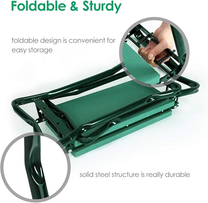 TomCare Upgraded Garden Kneeler Seat Widen Soft Kneeling Pad Garden Stools Garden Bench with 2 Large Tool Pouches Outdoor Foldable Gardening Gifts for Women Men Gardeners, Green TomCare