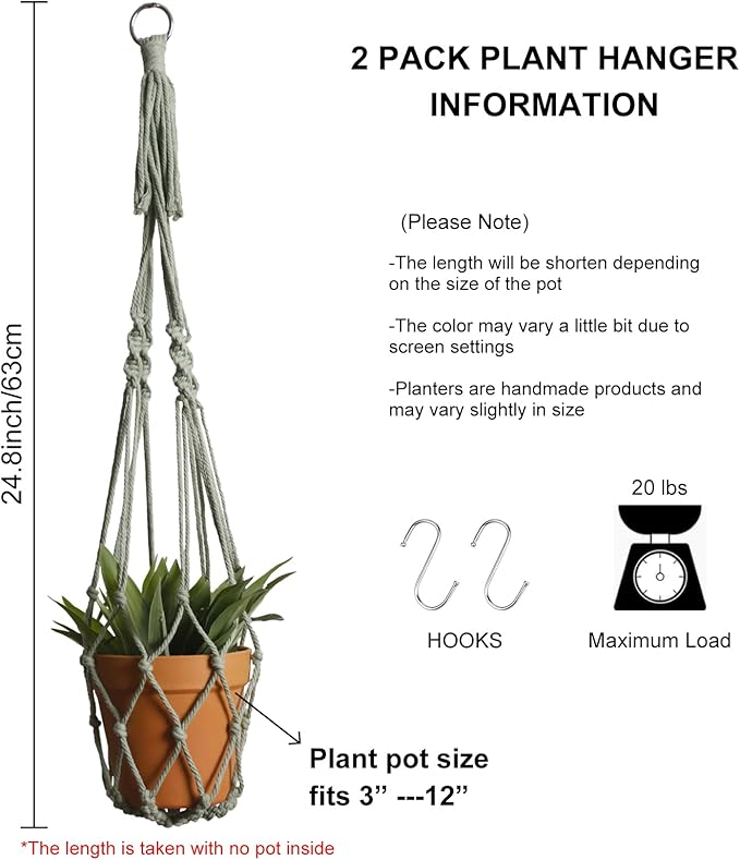 Artilady Macrame Hanging Planter for Indoor Plants, Boho Woven Plant Hanger Large Hanging Flower Pot Holders Outdoor Baskets Storage No Tassels Sage Green Wall Decor (Sage Green-2pcs) Artilady