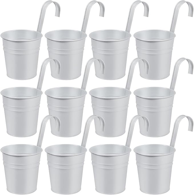 OBTANIM 12 Pack Metal Hanging Flower Pots Railing Planter Outdoor Fence Hanging Bucket Plant Holder with Detachable Hooks Drain Holes for Home Garden Yard Decor (White, 4 x 4 Inch) OBTANIM