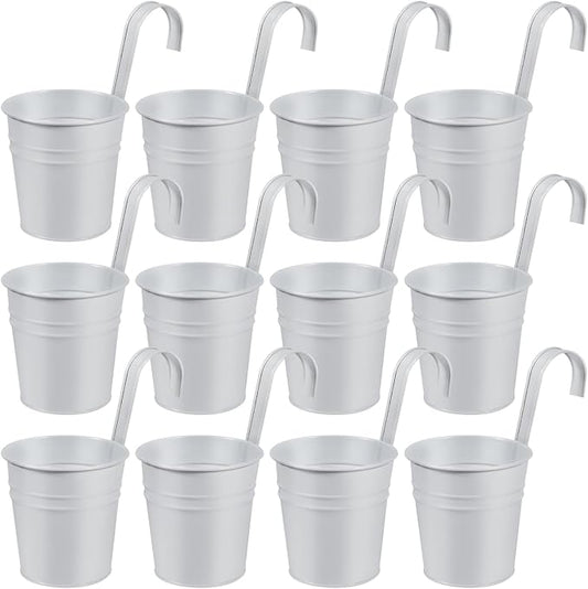 OBTANIM 12 Pack Metal Hanging Flower Pots Railing Planter Outdoor Fence Hanging Bucket Plant Holder with Detachable Hooks Drain Holes for Home Garden Yard Decor (White, 4 x 4 Inch) OBTANIM