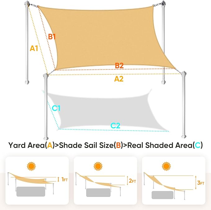 Quictent 20x16ft Rectangular Sun Shade Sail 185G HDPE Canopy 98% UV Block Outdoor Patio Garden Commercial Deck with Hardware Kit (Sand) QUICTENT