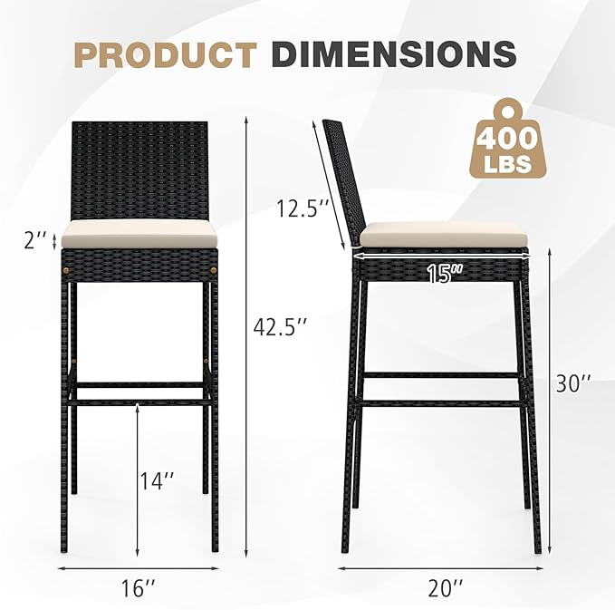 HAPPYGRILL Wicker Patio Barstools Set of 4, Outdoor Rattan Bar Chairs with Footrest & Backrest, Armless High Top Chairs with Seat Cushions for Backyard, Balcony HAPPYGRILL