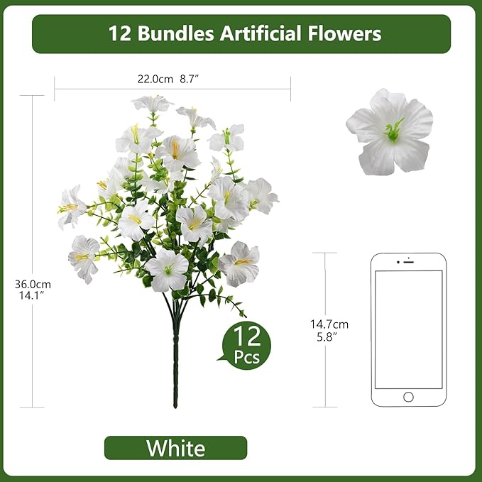 INQCMY Artificial Fake Petunias Flowers for Outdoors Spring Decoration, 12 Bundles Faux Flower Plants UV Resistant White Realistic Silk Flower for Outside Planters Patio Porch Yard Window Box INQCMYPlantRack
